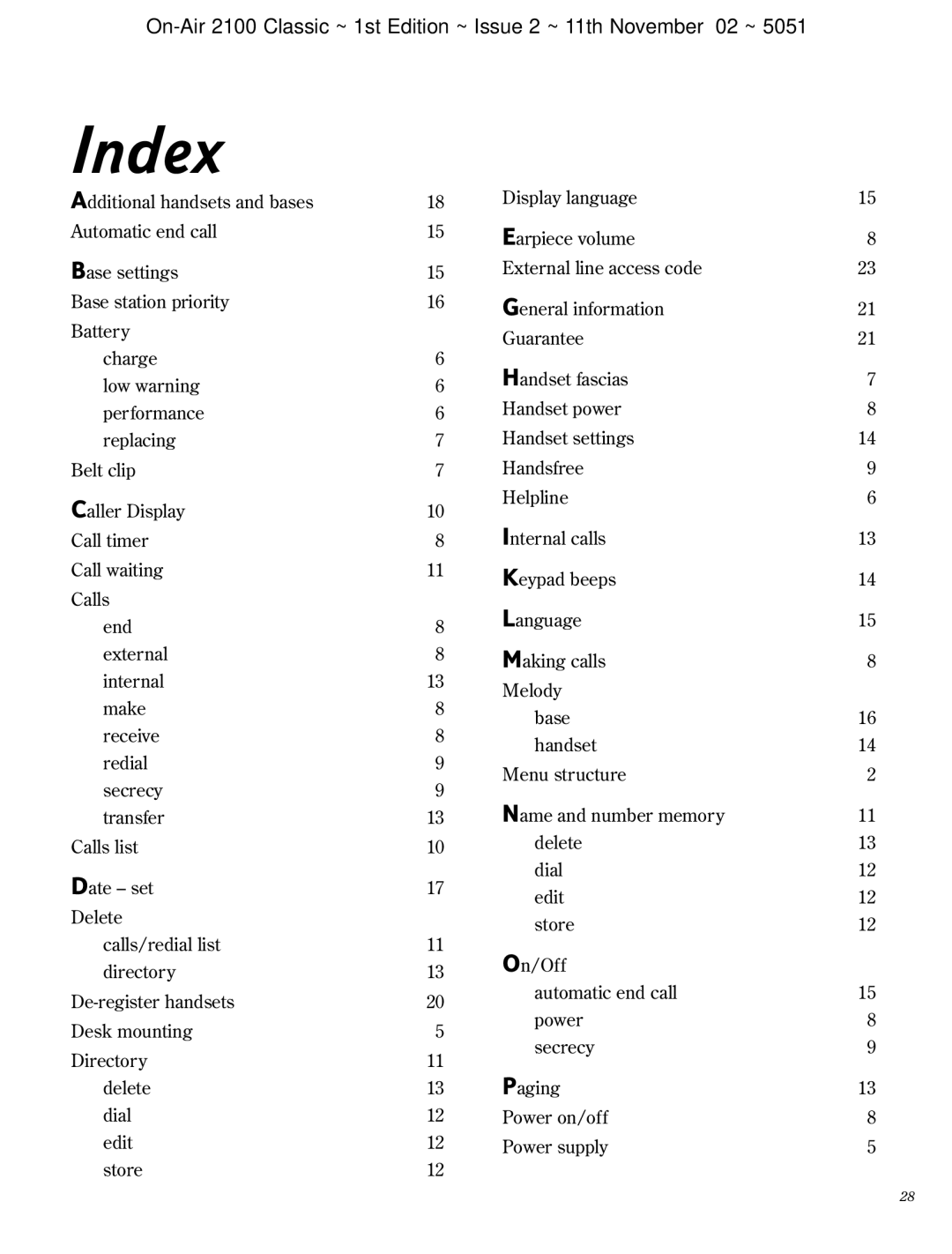 BT 2100 Classic manual Index 