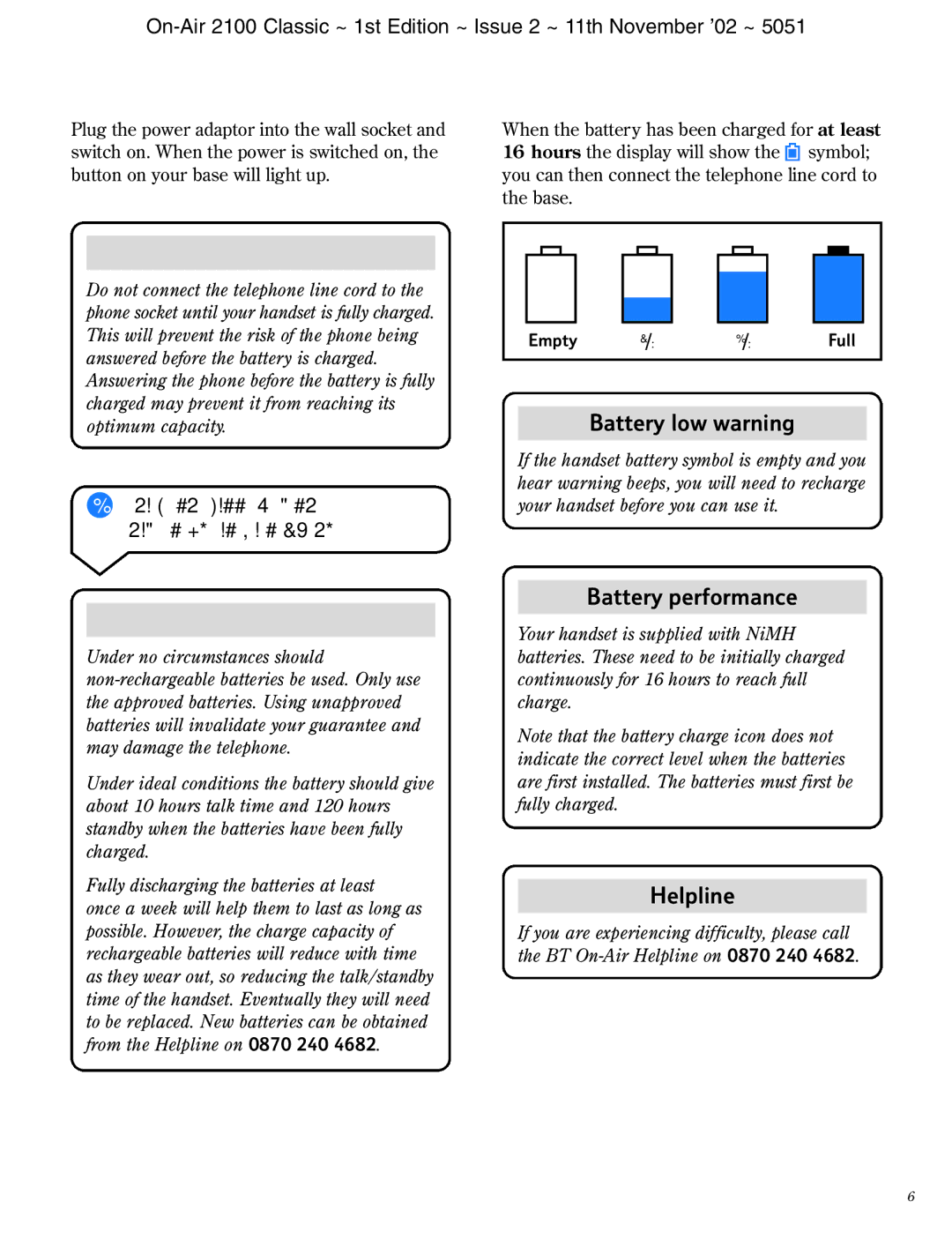 BT 2100 Classic manual Battery low warning, Charge the battery in the handset for at least 16 hours 