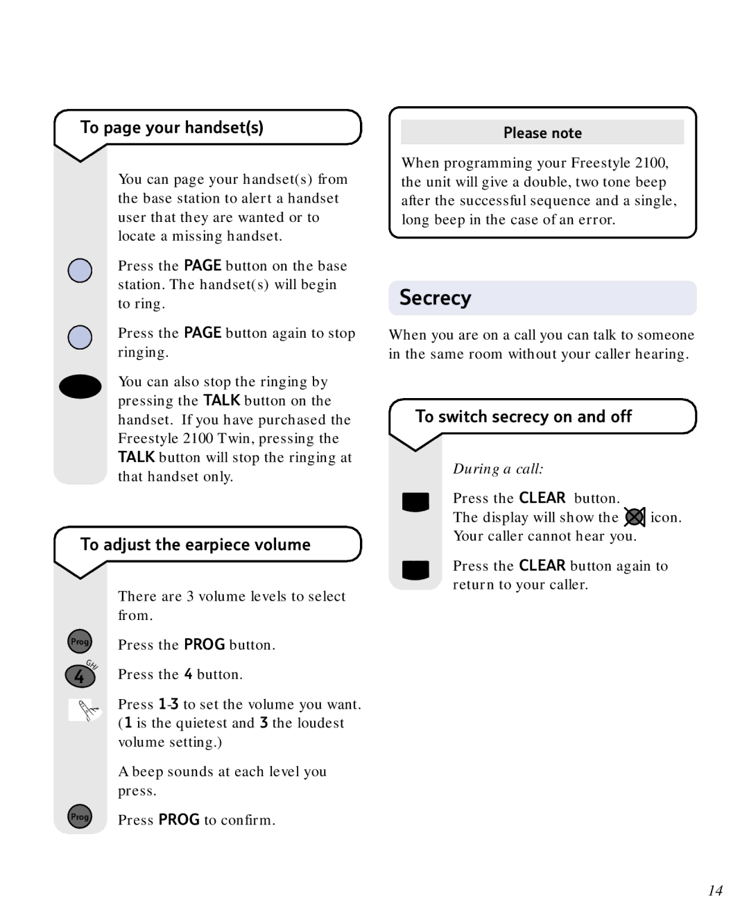 BT 2100 manual Secrecy, To page your handsets, To adjust the earpiece volume, To switch secrecy on and off 