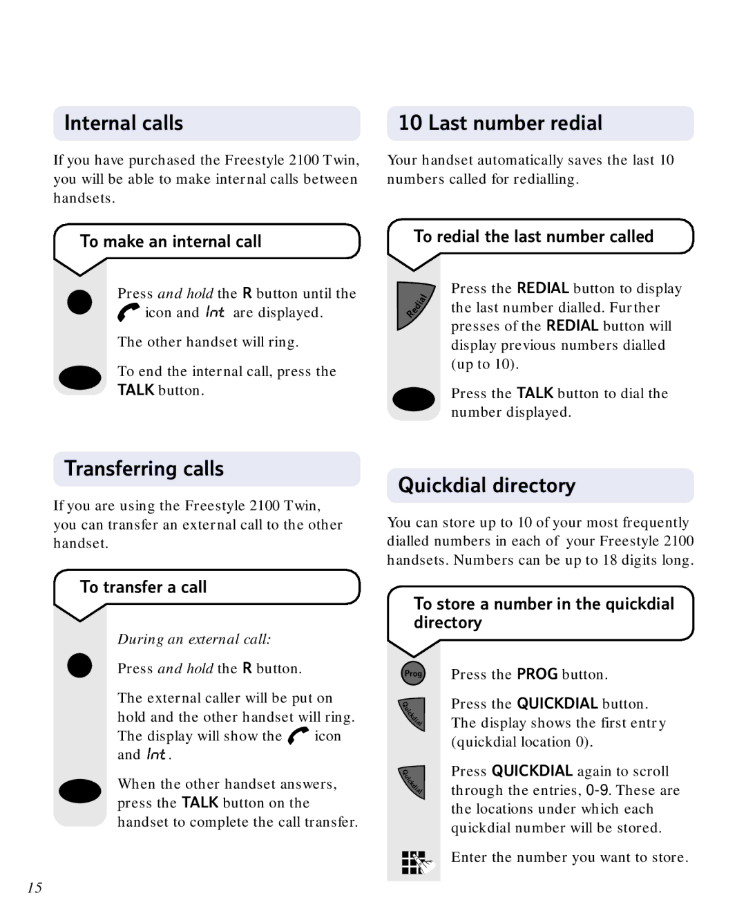 BT 2100 manual Internal calls, Transferring calls, Quickdial directory 