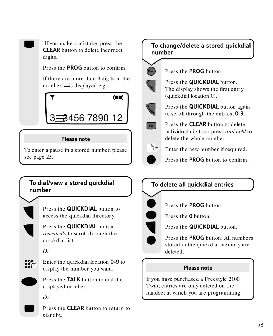 BT 2100 manual To change/delete a stored quickdial number, To delete all quickdial entries 