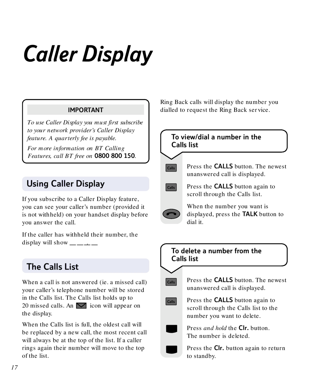 BT 2100 manual Using Caller Display, Calls List, To view/dial a number Calls list, To delete a number from Calls list 