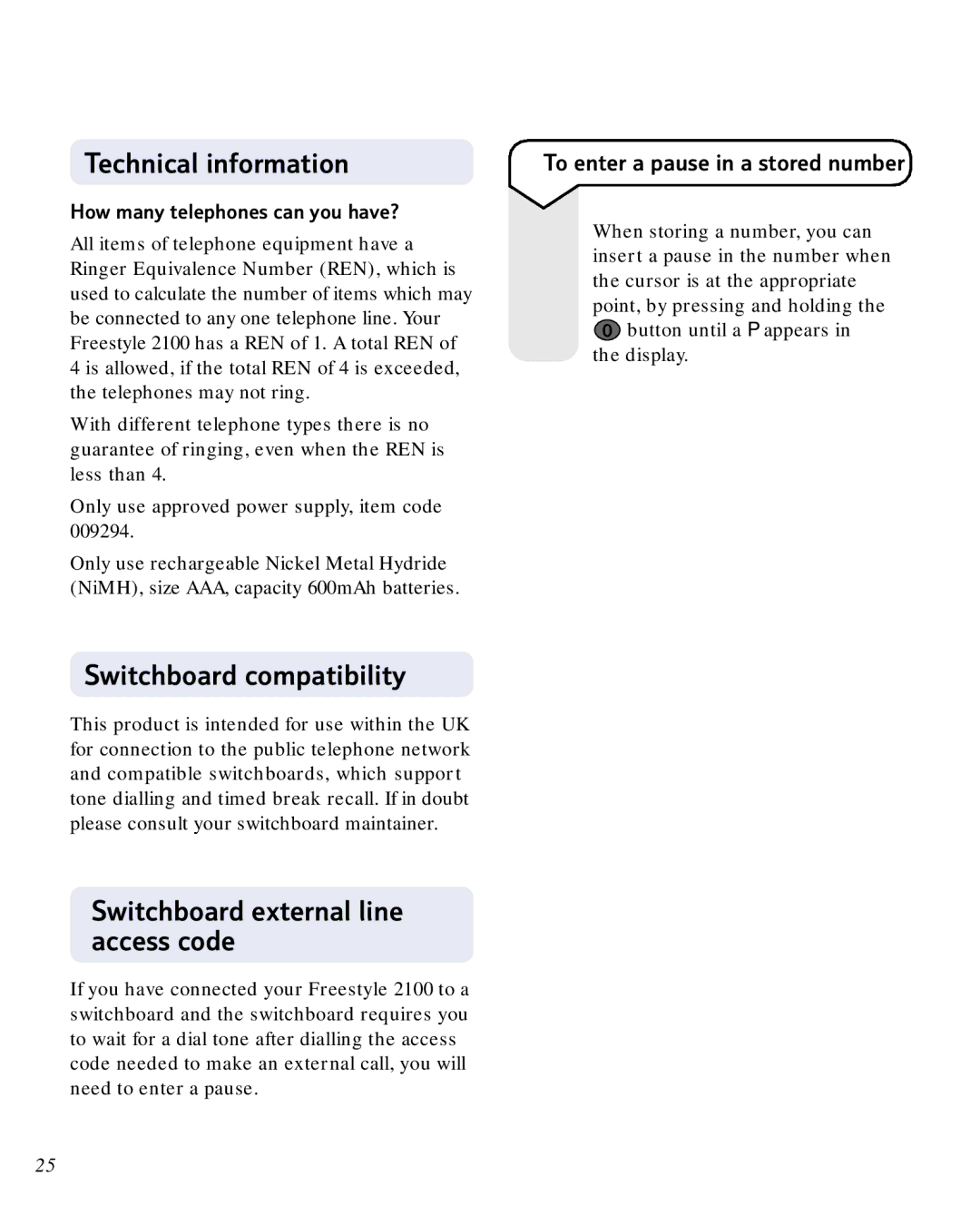 BT 2100 manual Technical information, Switchboard compatibility, Switchboard external line access code 