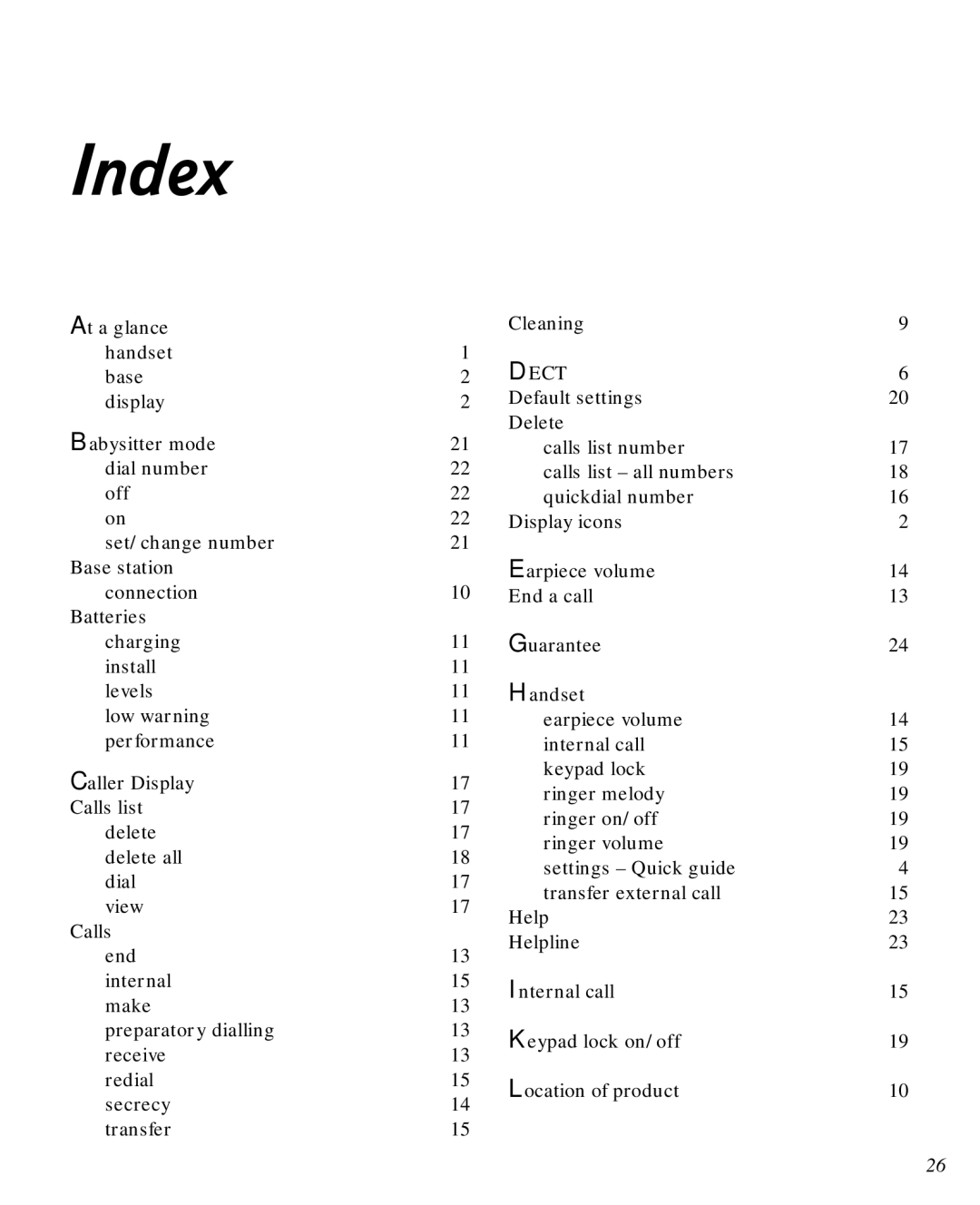 BT 2100 manual Index, Dect 