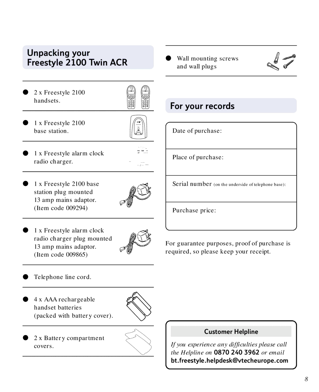 BT 2100 manual For your records, Customer Helpline 