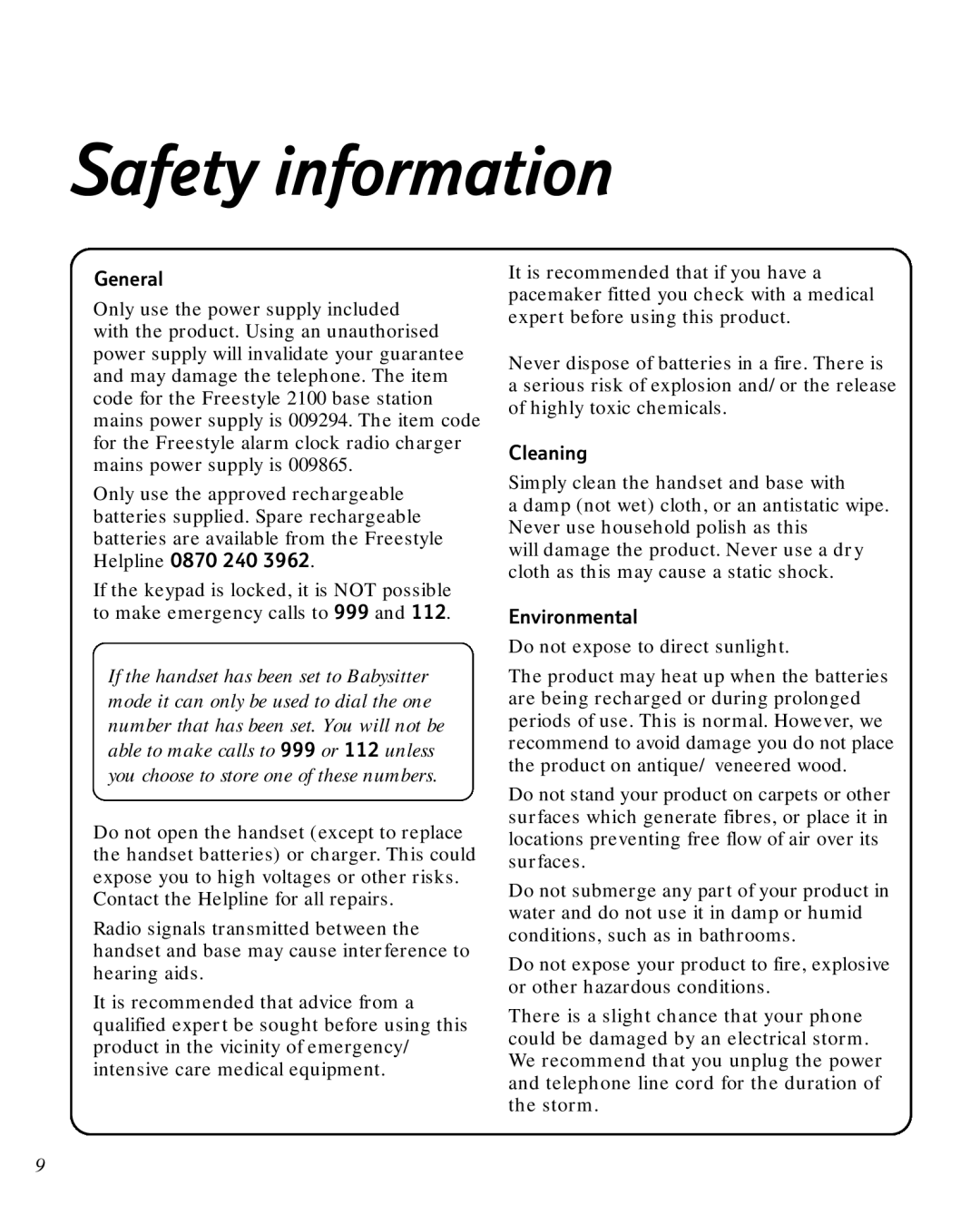 BT 2100 manual Safety information, General, Cleaning, Environmental 