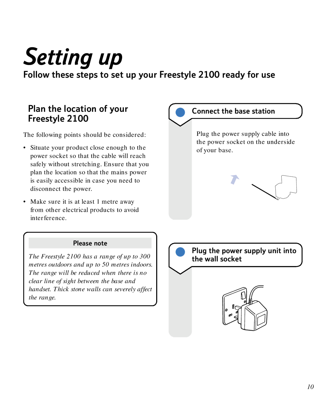 BT 2100 manual Setting up, Connect the base station, Plug the power supply unit into the wall socket, Please note 