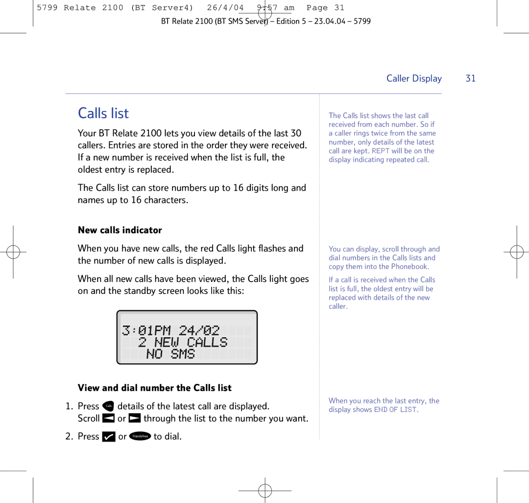 BT 2100 manual Calls list, Press or Handsfree to dial 