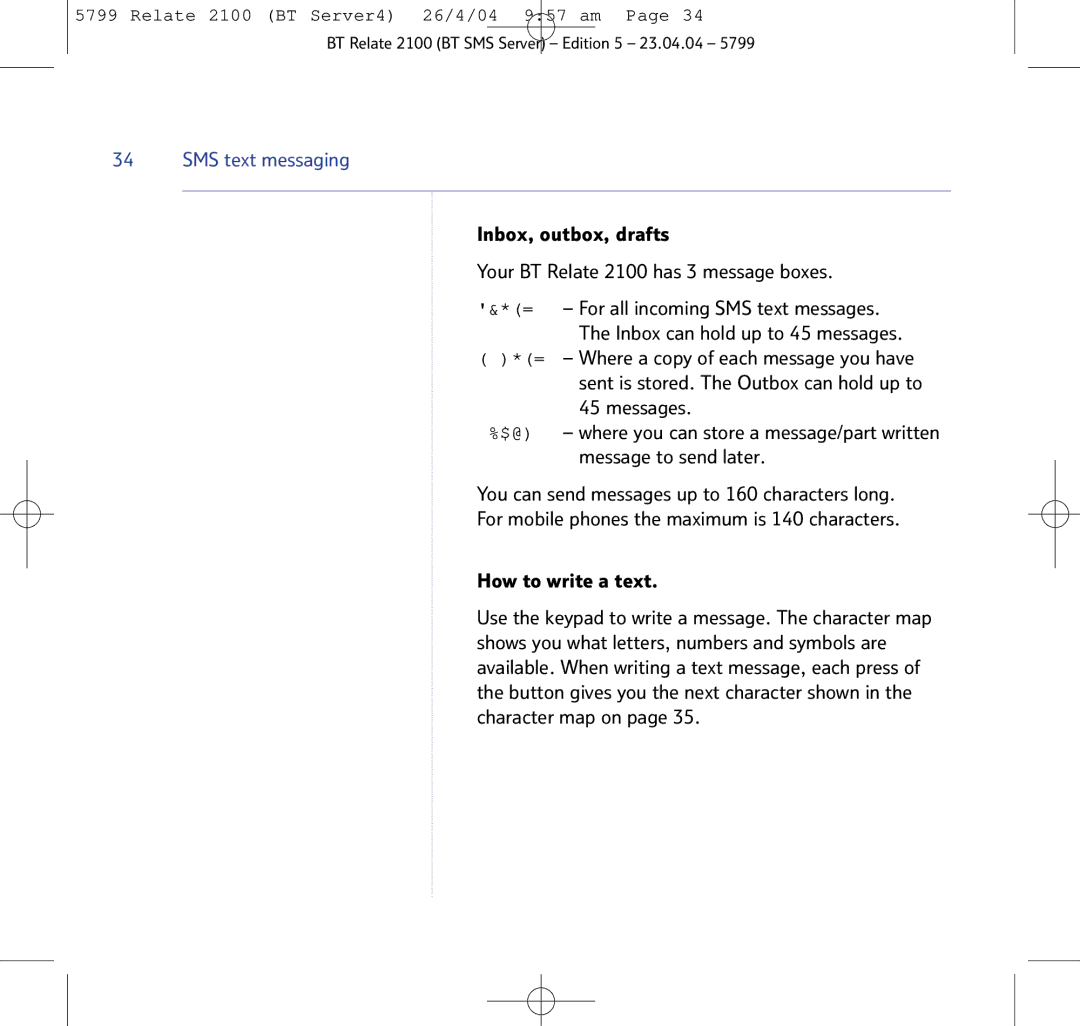 BT 2100 manual SMS text messaging 