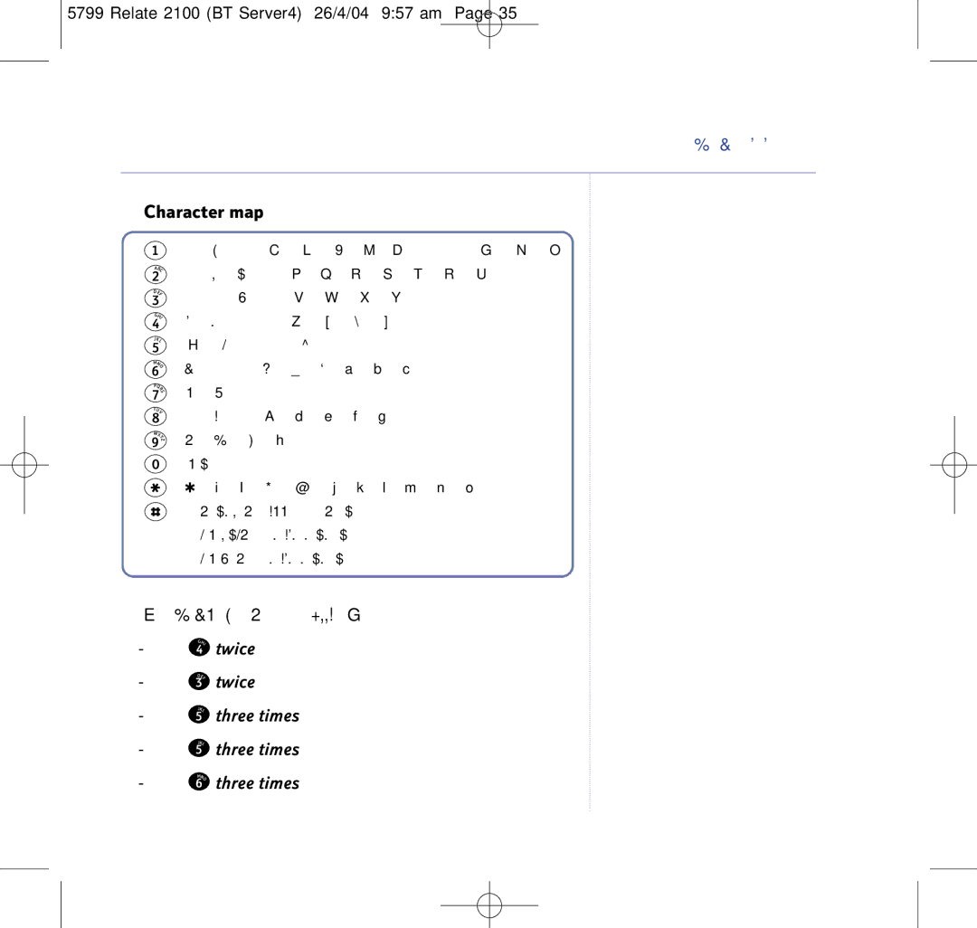 BT 2100 manual Character map, For example, to write Hello, Twice to enter H, Twice to enter E 