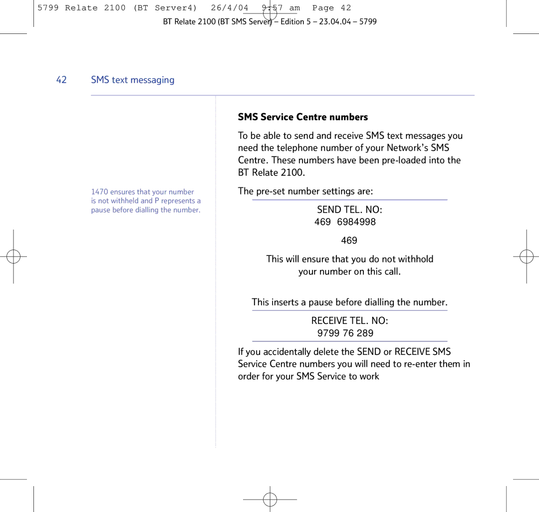 BT 2100 manual SMS Service Centre numbers, Send TEL. no 