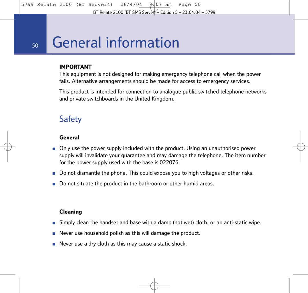 BT 2100 manual General information, Safety 