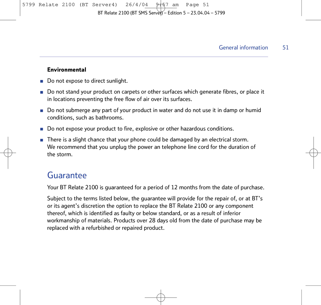 BT 2100 manual Guarantee 