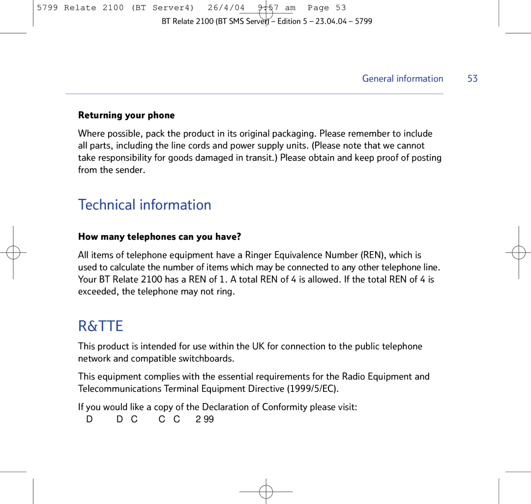 BT 2100 manual Technical information, Tte 