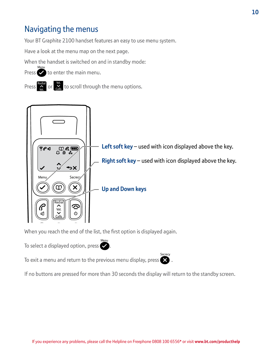 BT 2100 manual Navigating the menus, To select a displayed option, press 