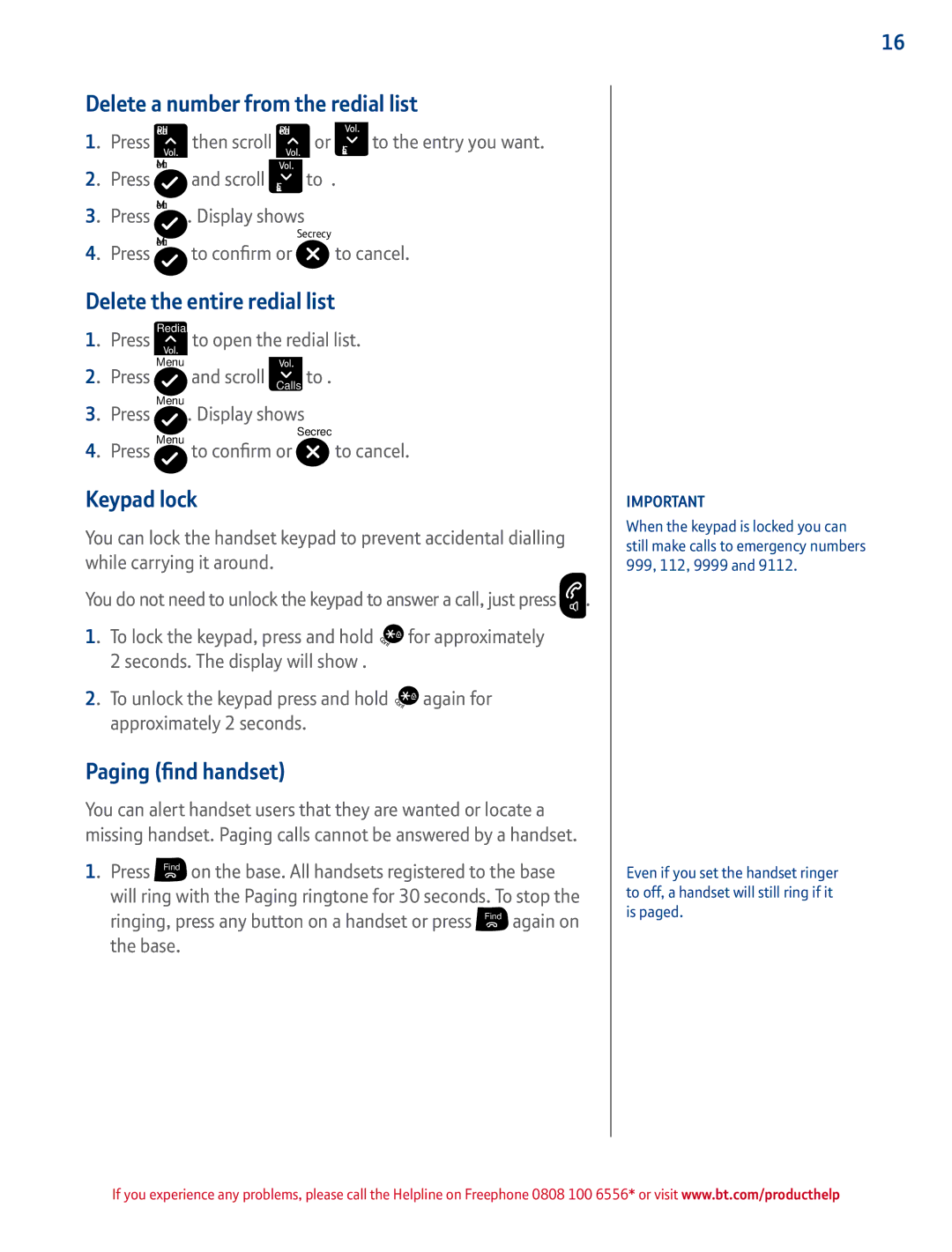 BT 2100 manual Delete a number from the redial list, Delete the entire redial list, Keypad lock, Paging find handset 