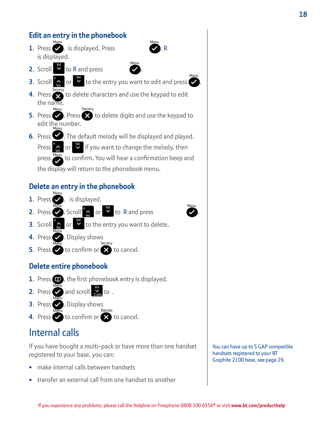 BT 2100 manual Internal calls, Edit an entry in the phonebook, Delete an entry in the phonebook, Delete entire phonebook 