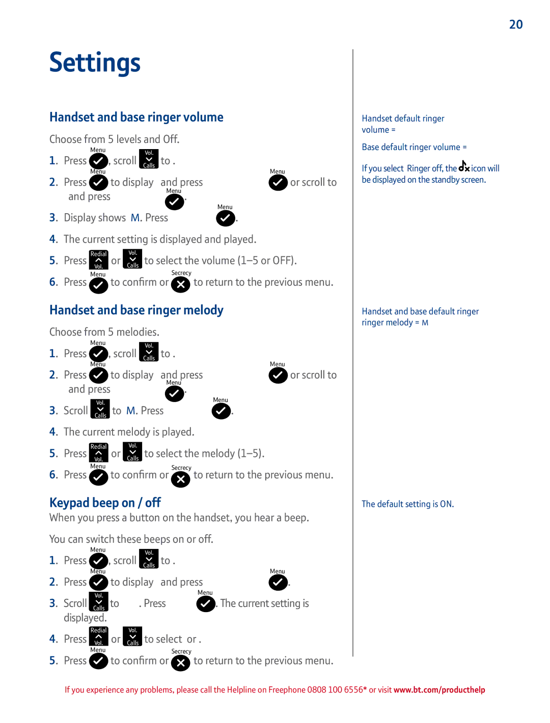 BT 2100 manual Settings, Handset and base ringer volume, Handset and base ringer melody, Keypad beep on / off 