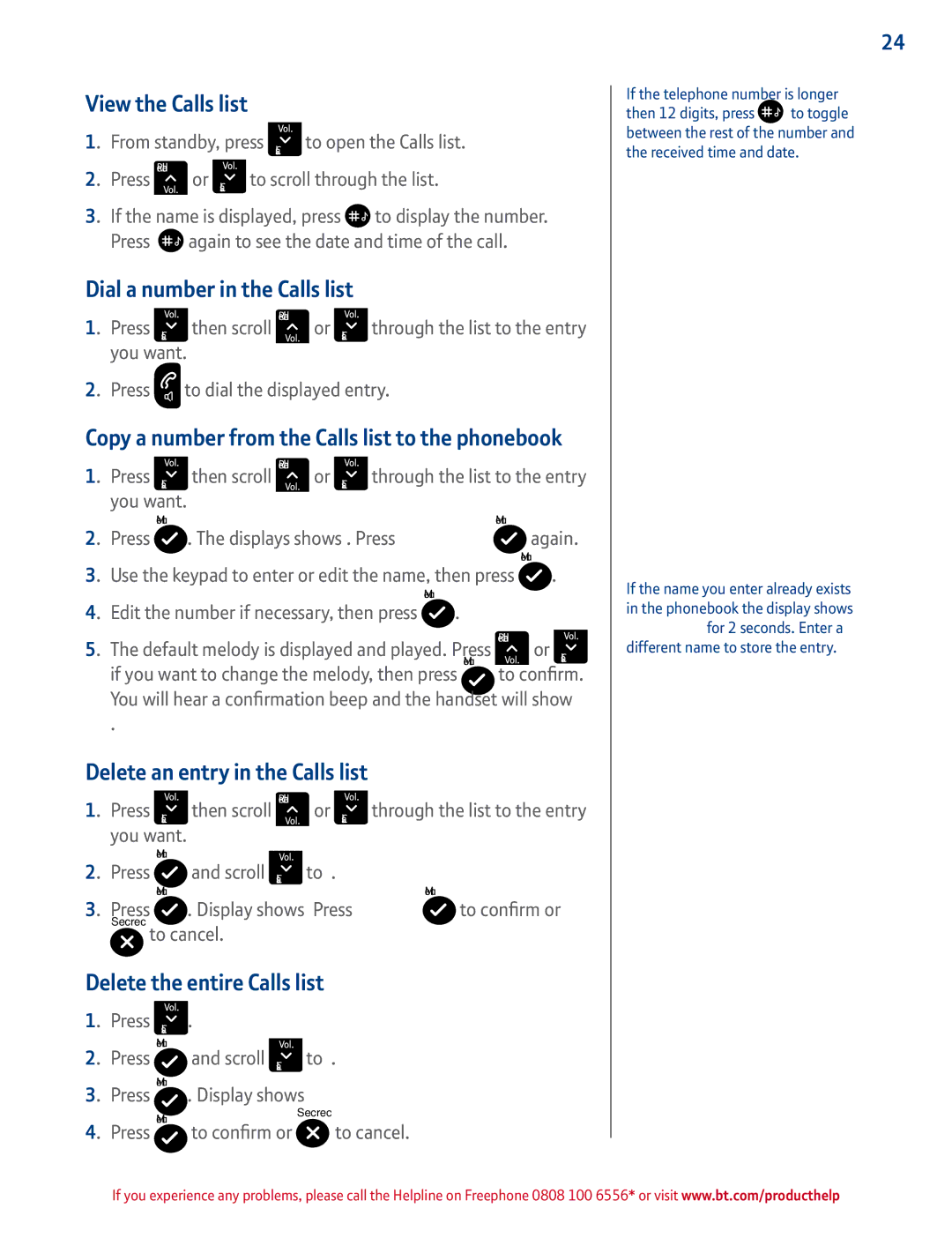 BT 2100 manual View the Calls list, Dial a number in the Calls list, Copy a number from the Calls list to the phonebook 