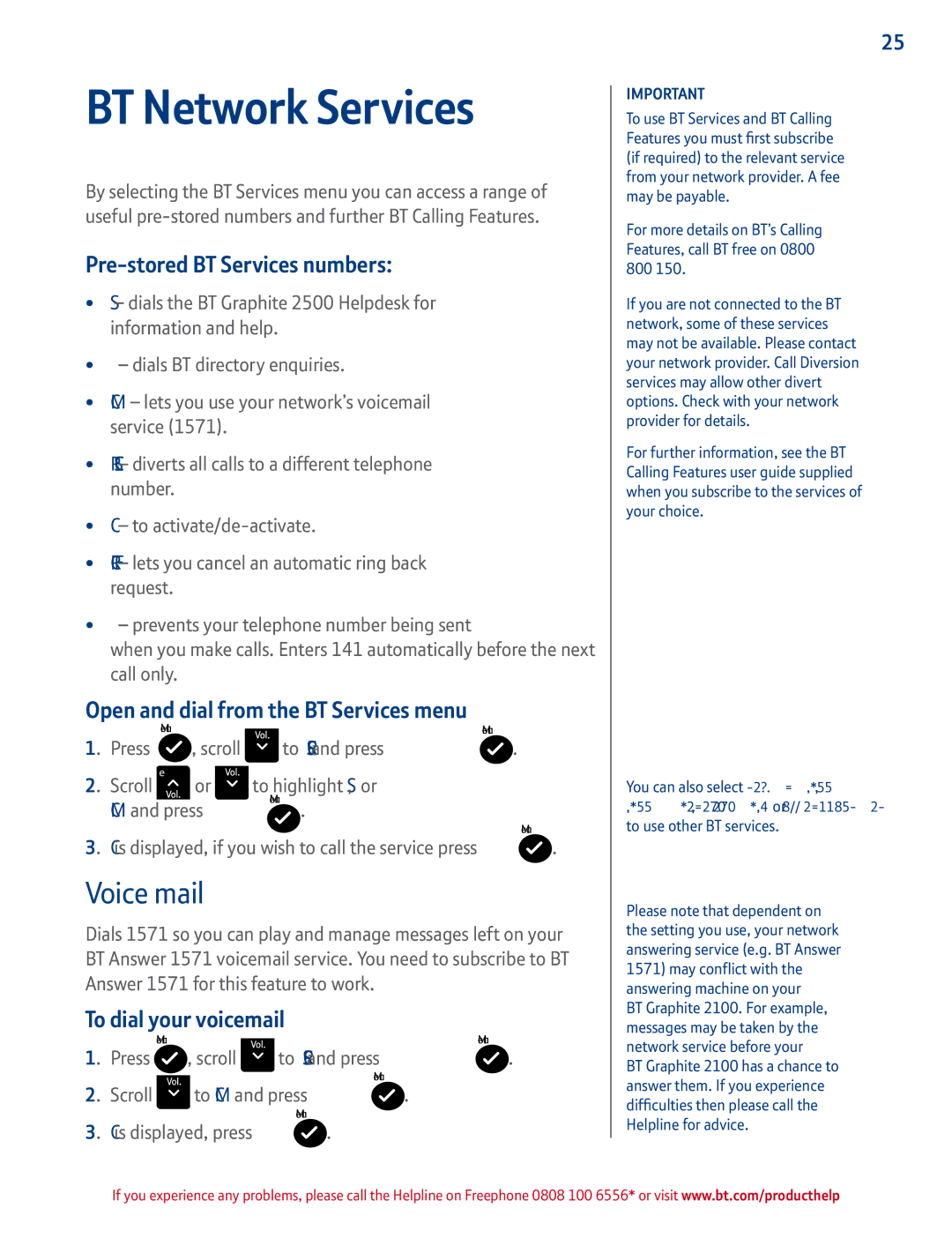 BT 2100 manual BT Network Services, Voice mail, Pre-stored BT Services numbers, Open and dial from the BT Services menu 