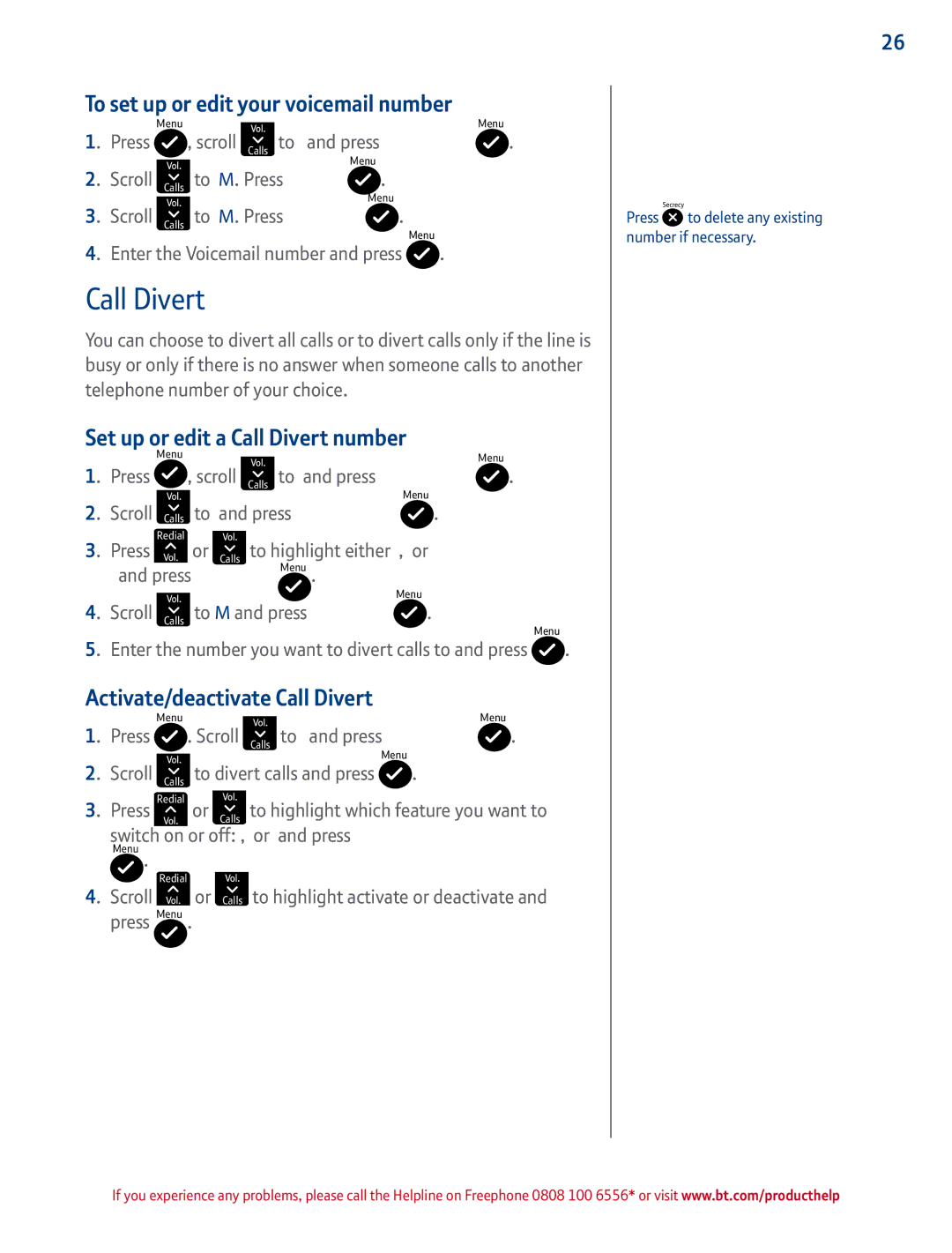 BT 2100 To set up or edit your voicemail number, Set up or edit a Call Divert number, Activate/deactivate Call Divert 