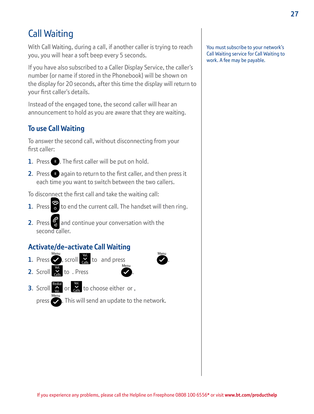 BT 2100 manual To use Call Waiting, Activate/de-activate Call Waiting 