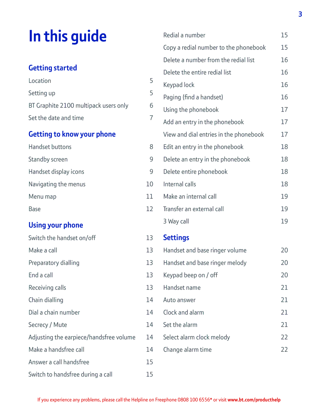 BT 2100 manual This guide, Getting started, Getting to know your phone, Using your phone, Settings 