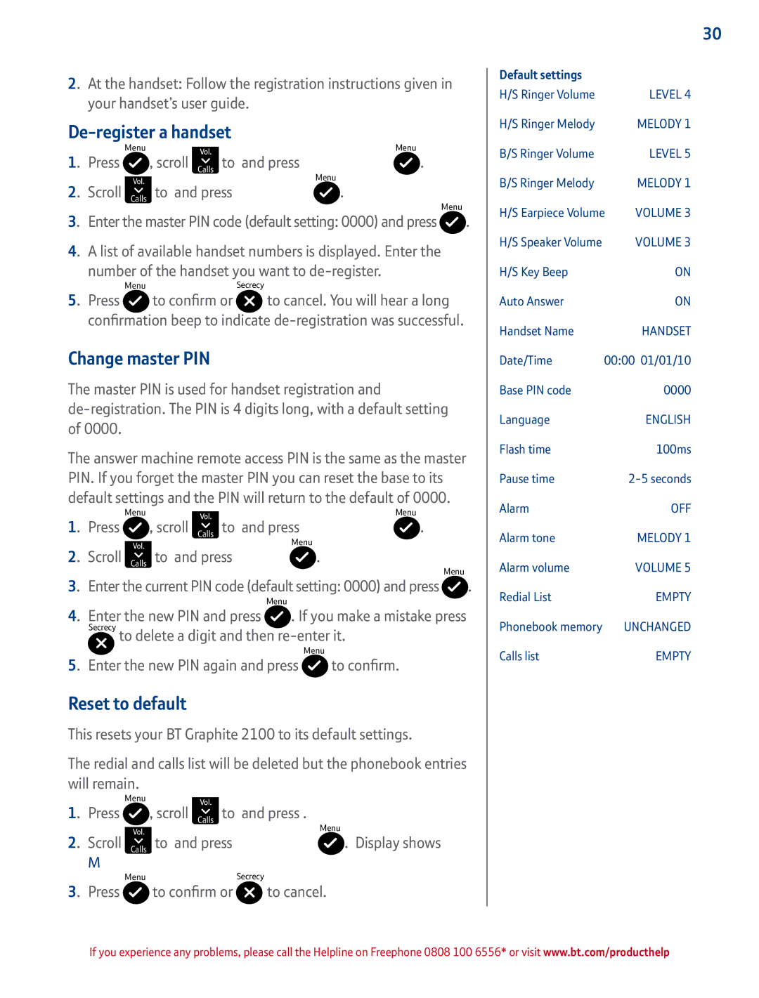 BT 2100 manual De-register a handset, Change master PIN, Reset to default, Enter the new PIN again and press to confirm 