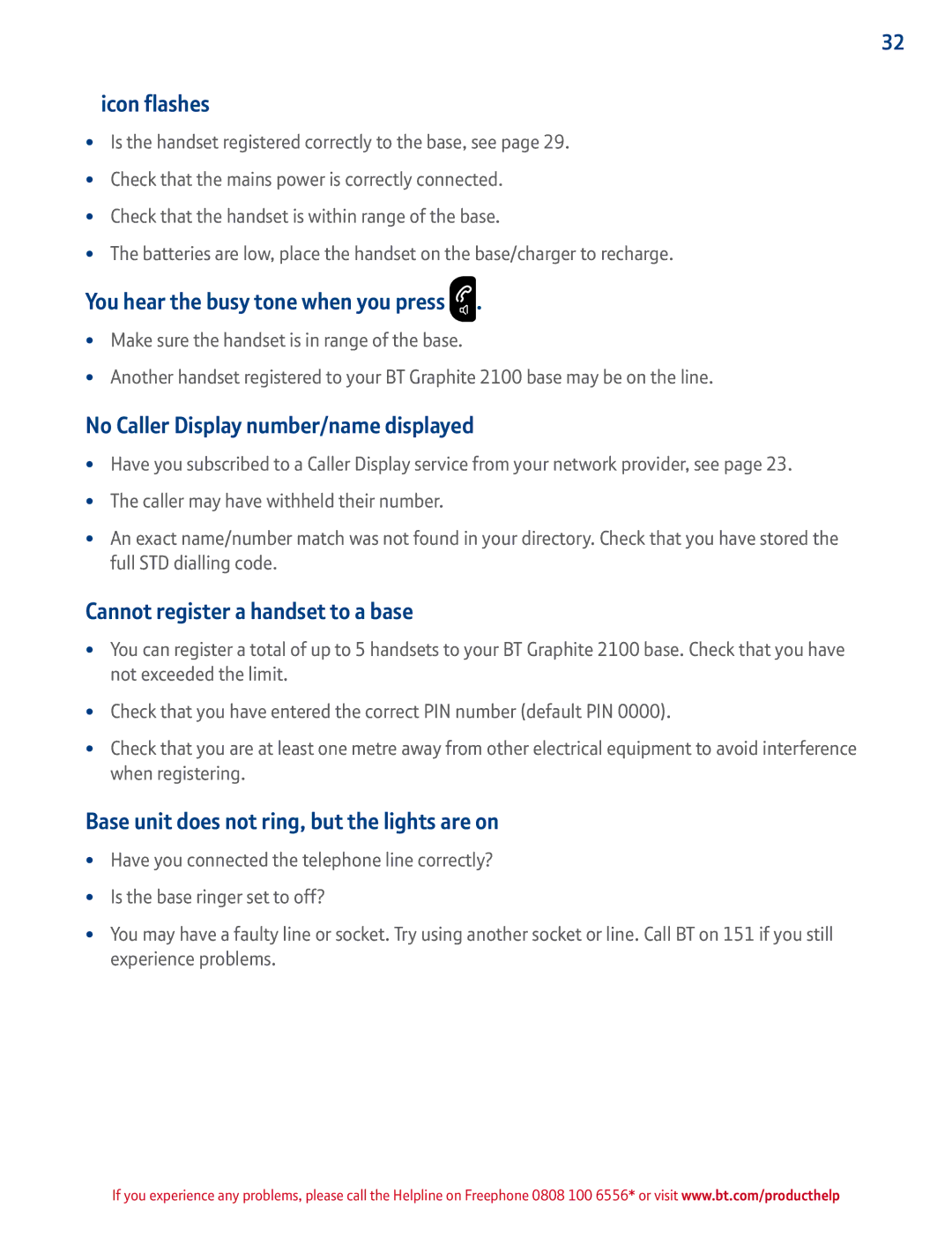 BT 2100 manual Icon flashes, You hear the busy tone when you press, No Caller Display number/name displayed 