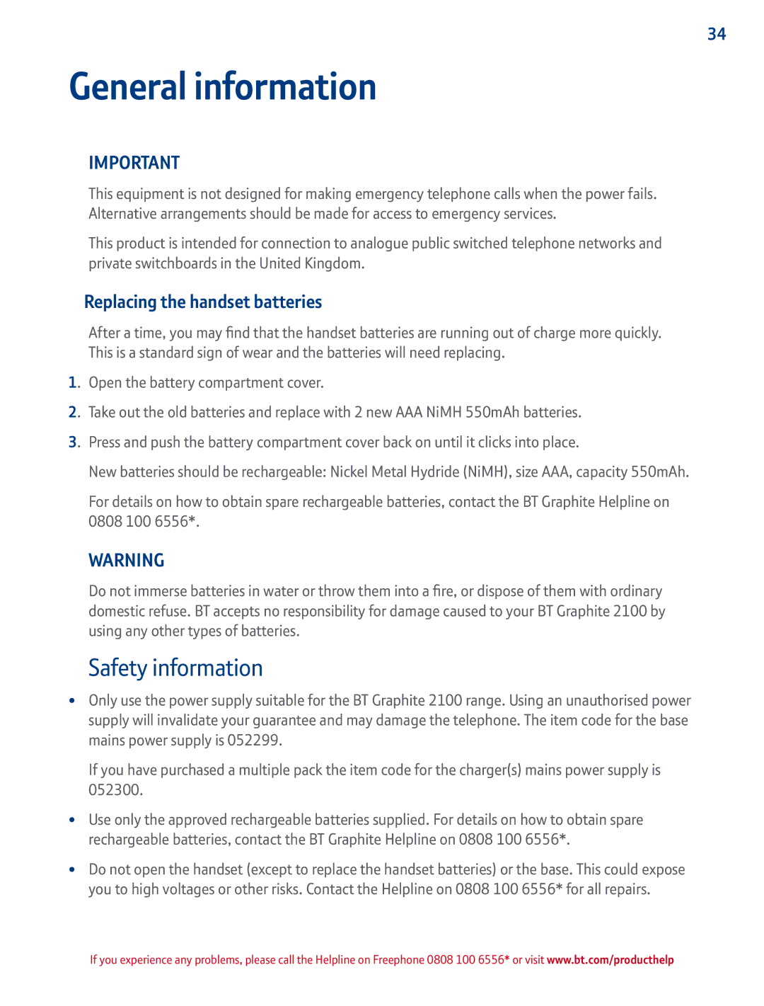 BT 2100 manual General information, Safety information, Replacing the handset batteries 