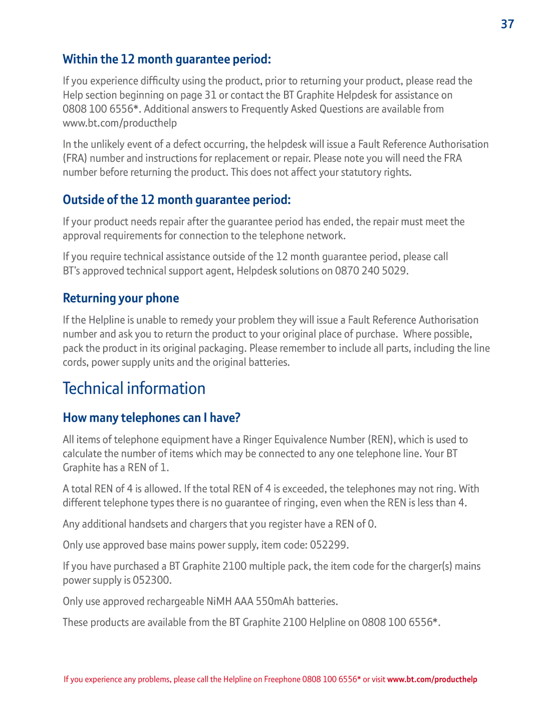 BT 2100 manual Technical information, Within the 12 month guarantee period, Outside of the 12 month guarantee period 