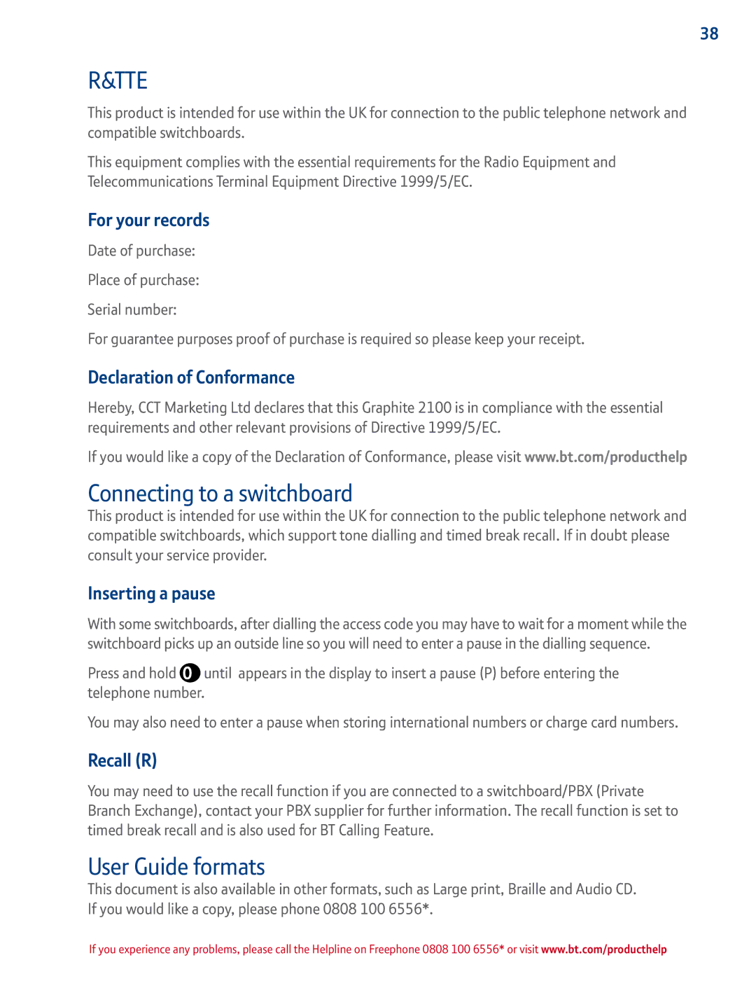 BT 2100 manual Connecting to a switchboard, User Guide formats 