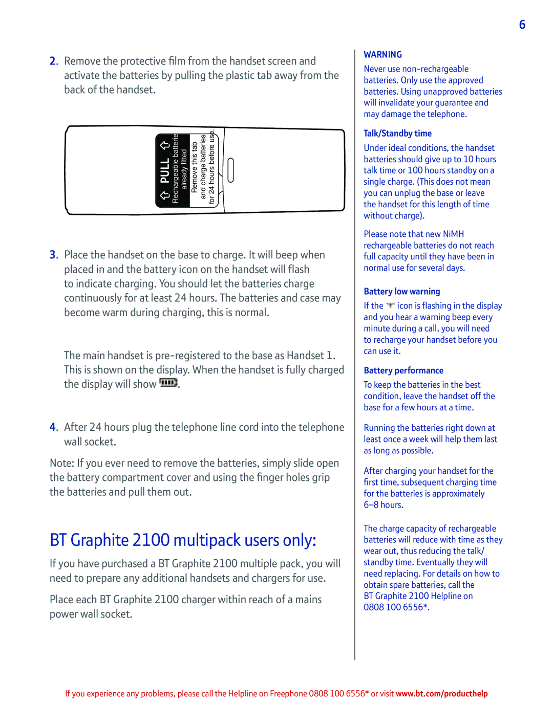 BT manual BT Graphite 2100 multipack users only, Talk/Standby time, Battery low warning, Battery performance 