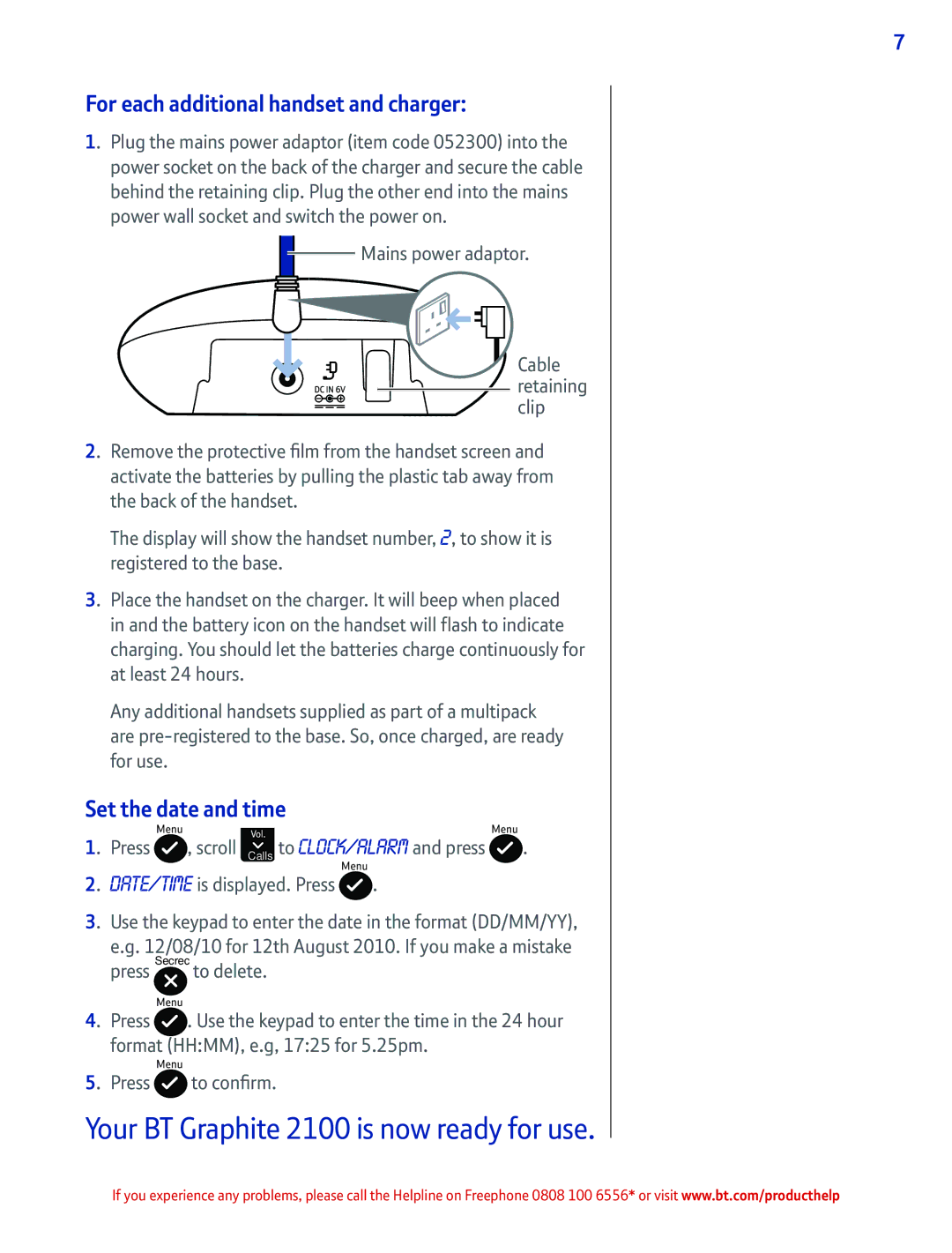 BT manual Your BT Graphite 2100 is now ready for use, For each additional handset and charger, Set the date and time 
