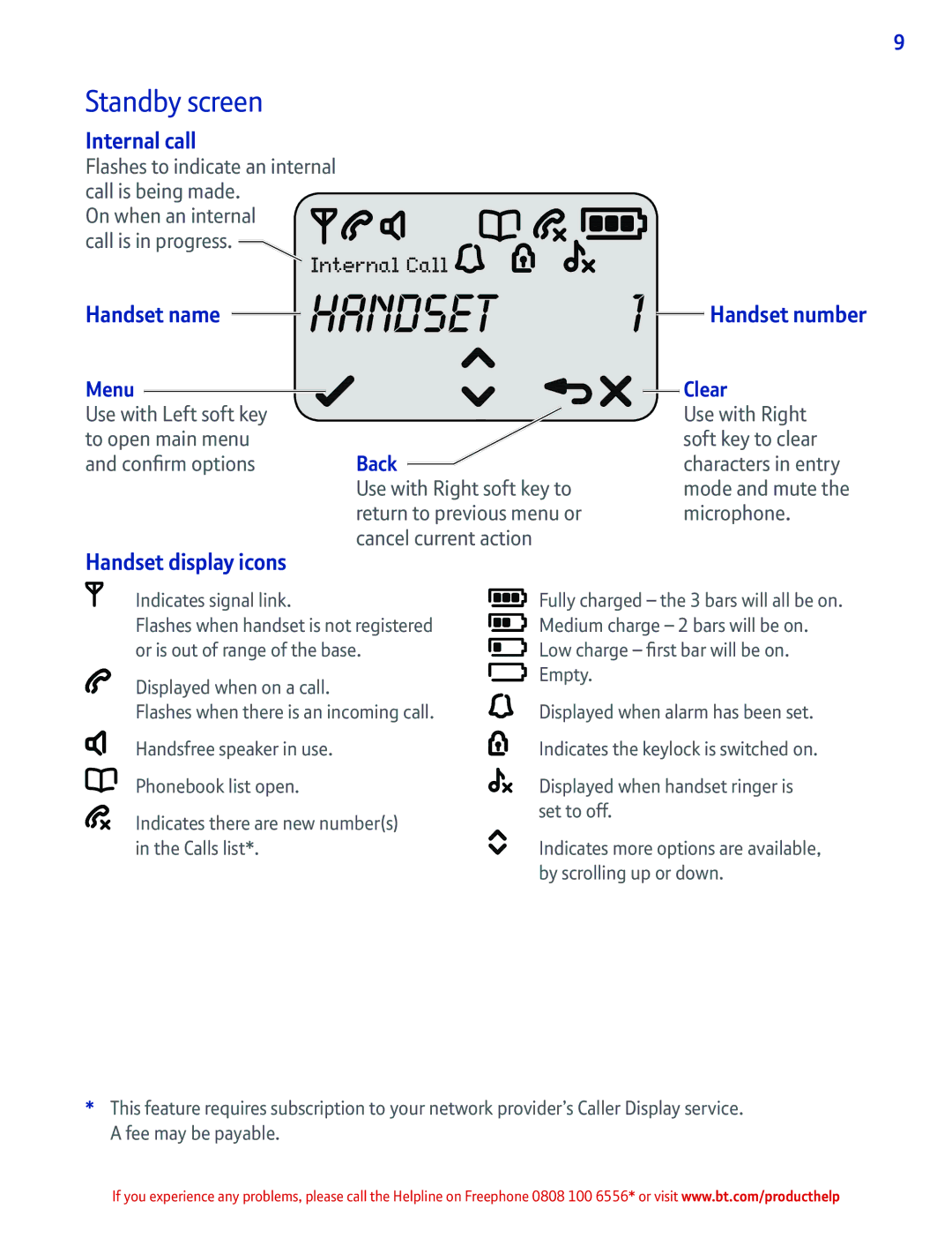 BT 2100 manual Standby screen, Internal call, Handset name, Handset display icons 