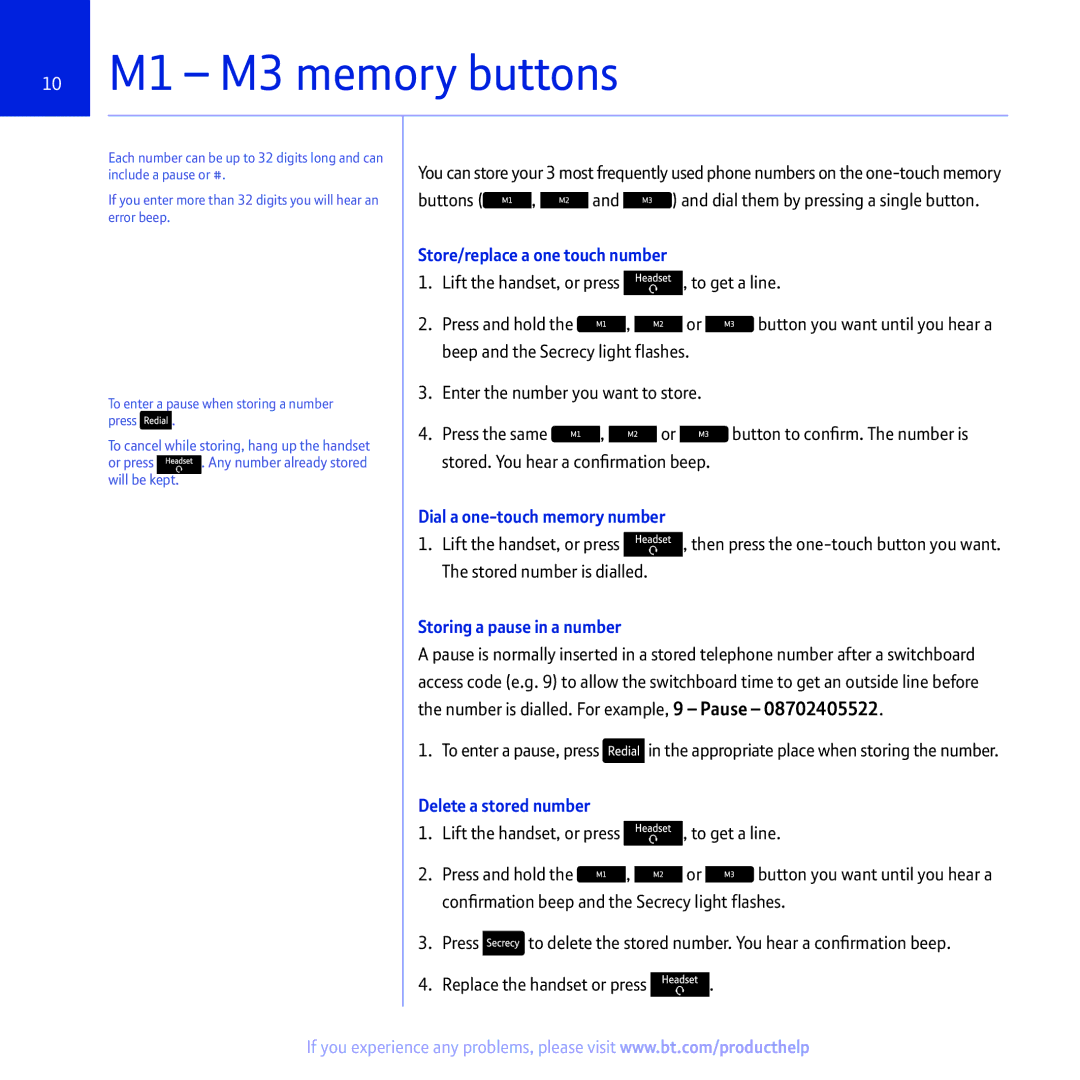 BT 2100 10 M1 M3 memory buttons, Store/replace a one touch number, Dial a one-touch memory number, Delete a stored number 