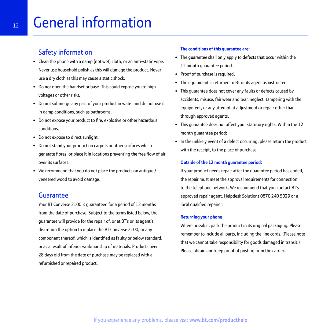 BT 2100 manual General information, Safety information 