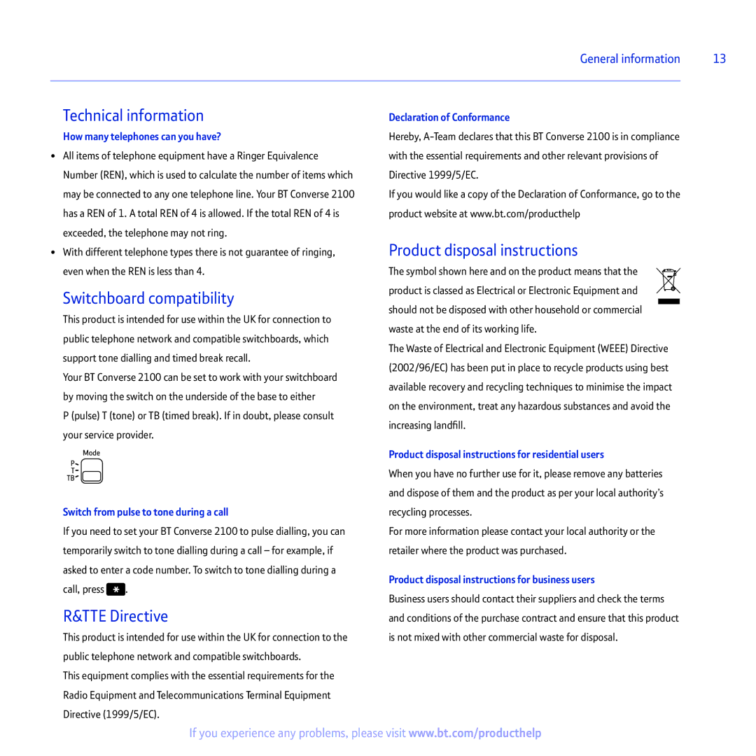 BT 2100 manual Technical information 