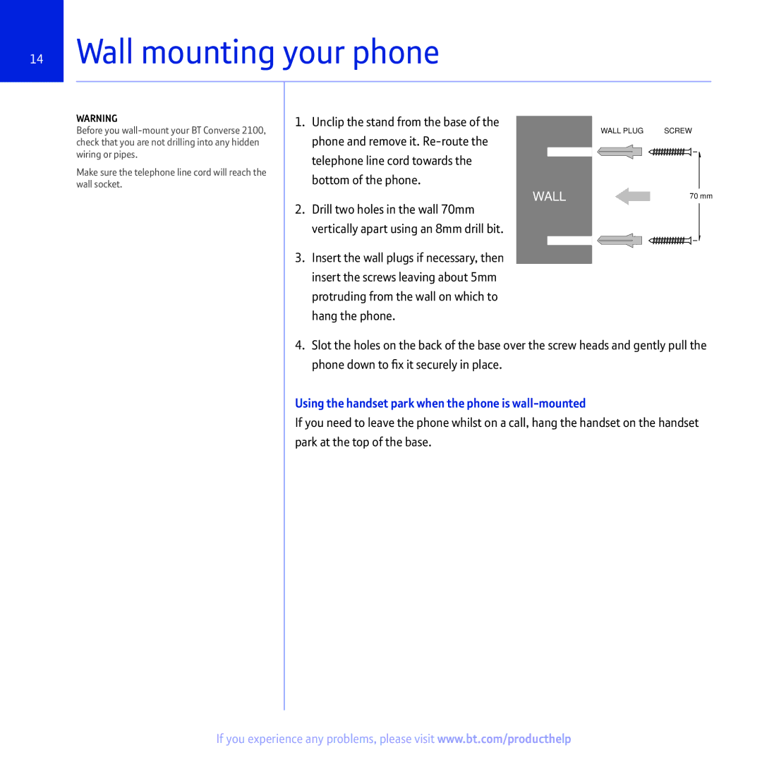 BT 2100 manual Wall mounting your phone, Using the handset park when the phone is wall-mounted 