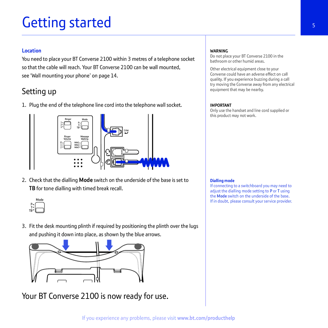 BT 2100 manual Getting started, Location 