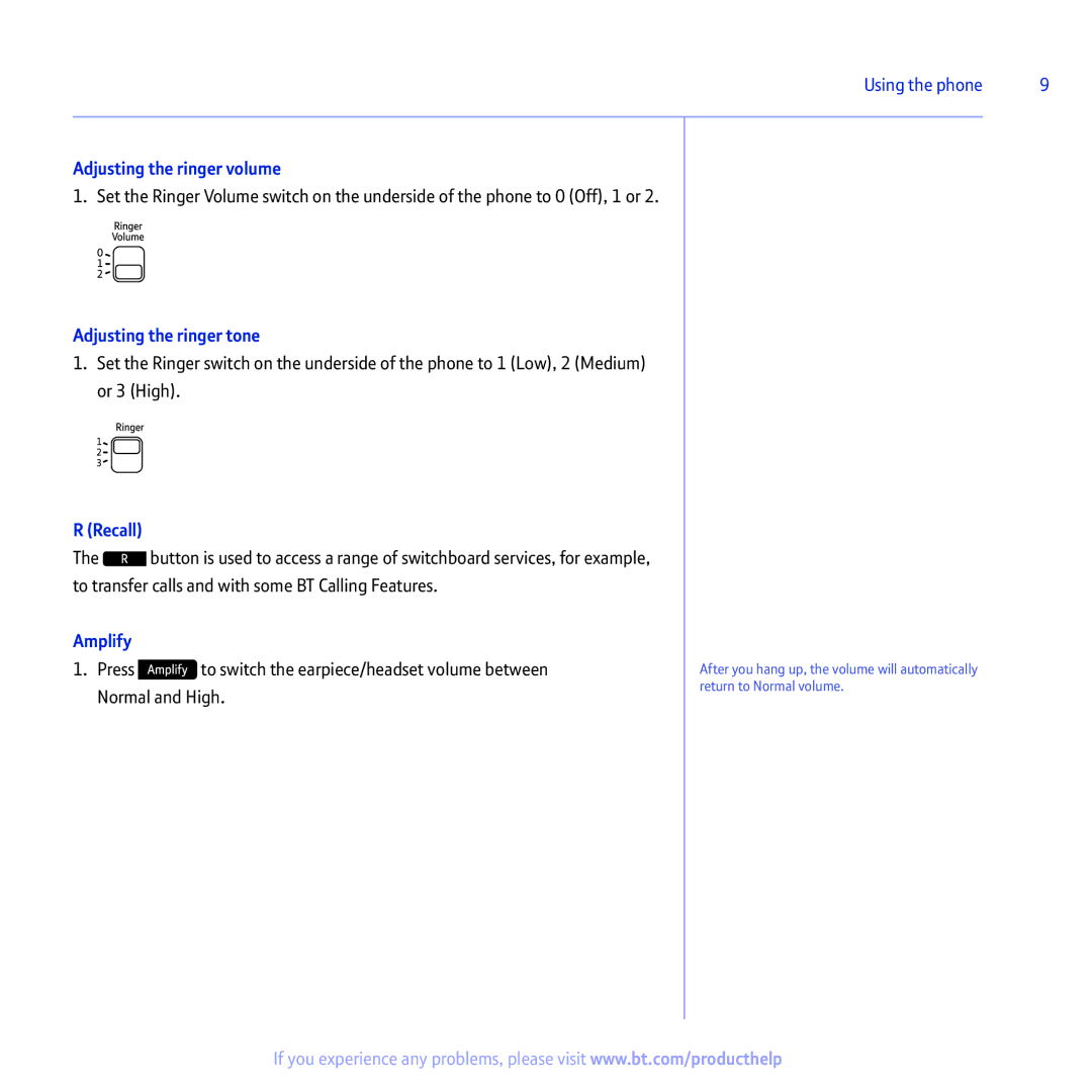 BT 2100 manual Adjusting the ringer volume, Adjusting the ringer tone, Recall, Amplify 