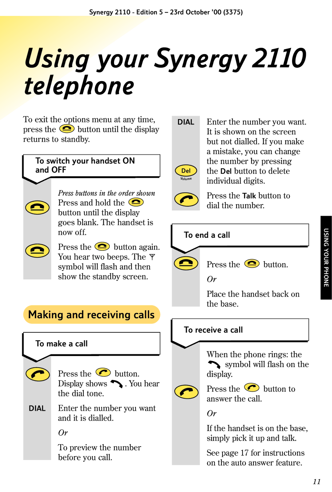 BT manual Using your Synergy 2110 telephone, Making and receiving calls 