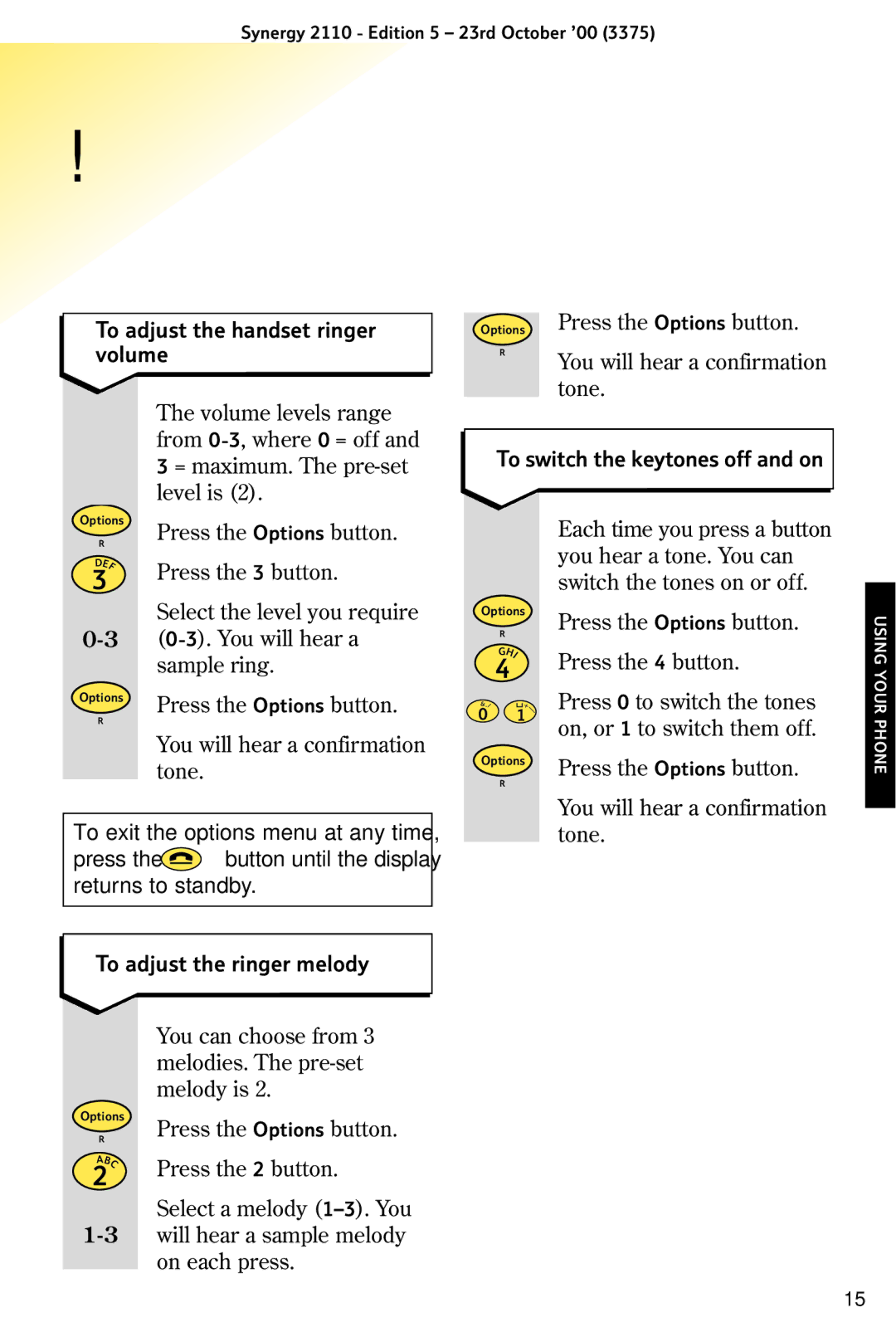 BT 2110 manual Handset settings, To adjust the handset ringer volume, To switch the keytones off and on 