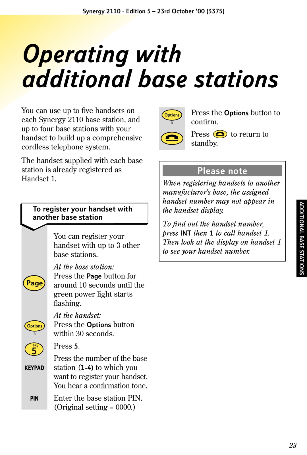 BT 2110 manual Operating with additional base stations, To register your handset with another base station 