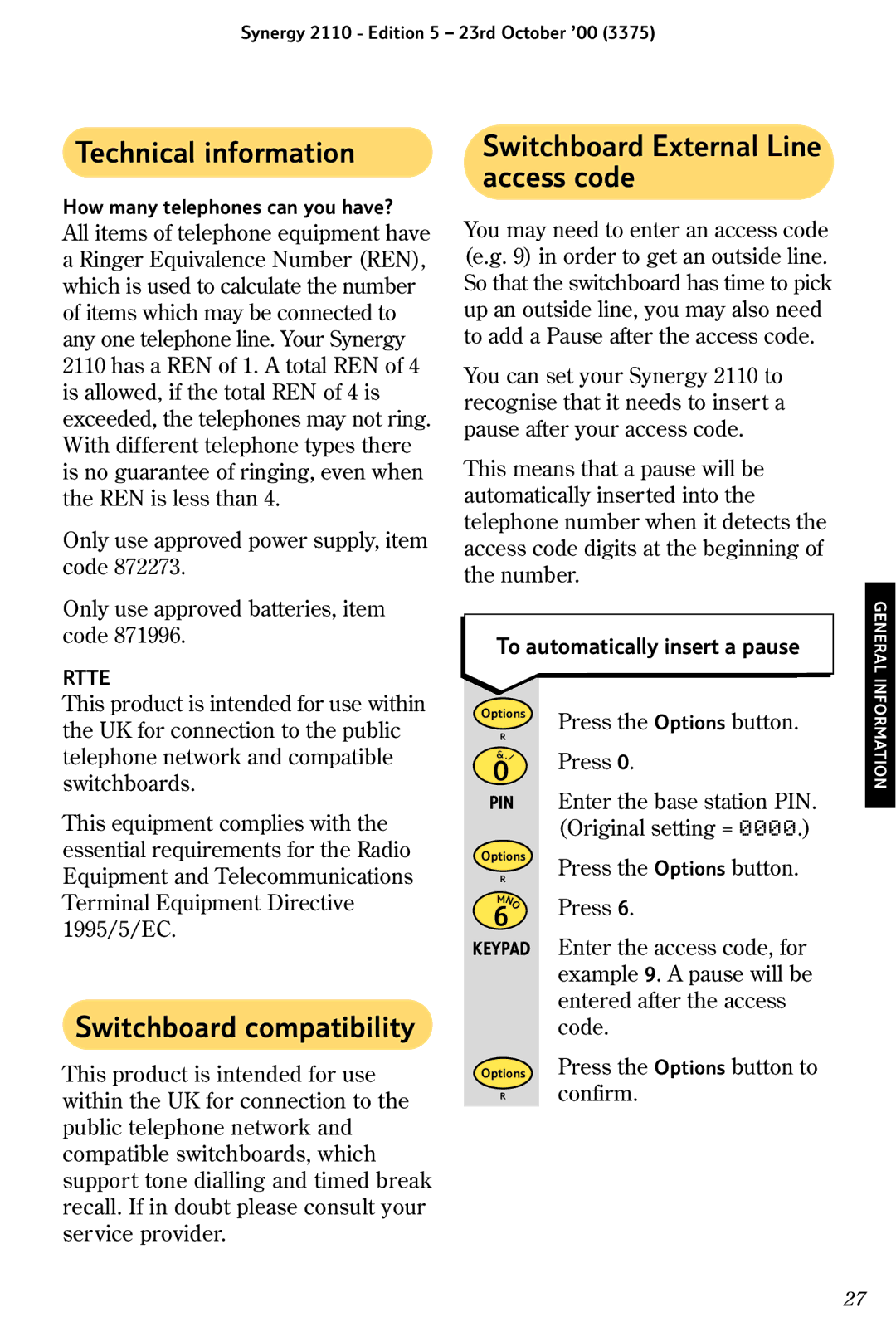 BT 2110 manual Technical information, Switchboard External Line access code, Switchboard compatibility 