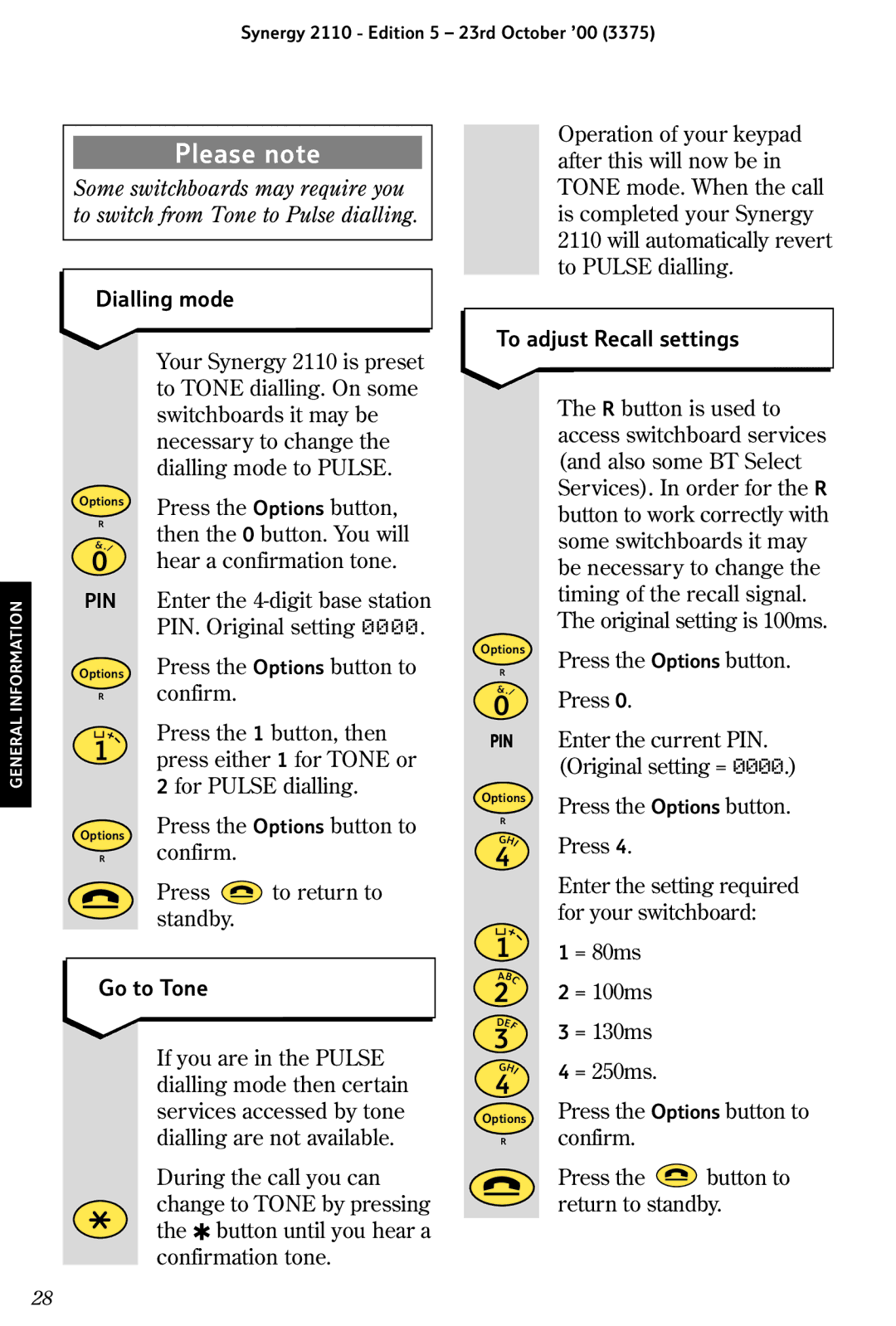 BT 2110 manual Dialling mode, To adjust Recall settings, Go to Tone 