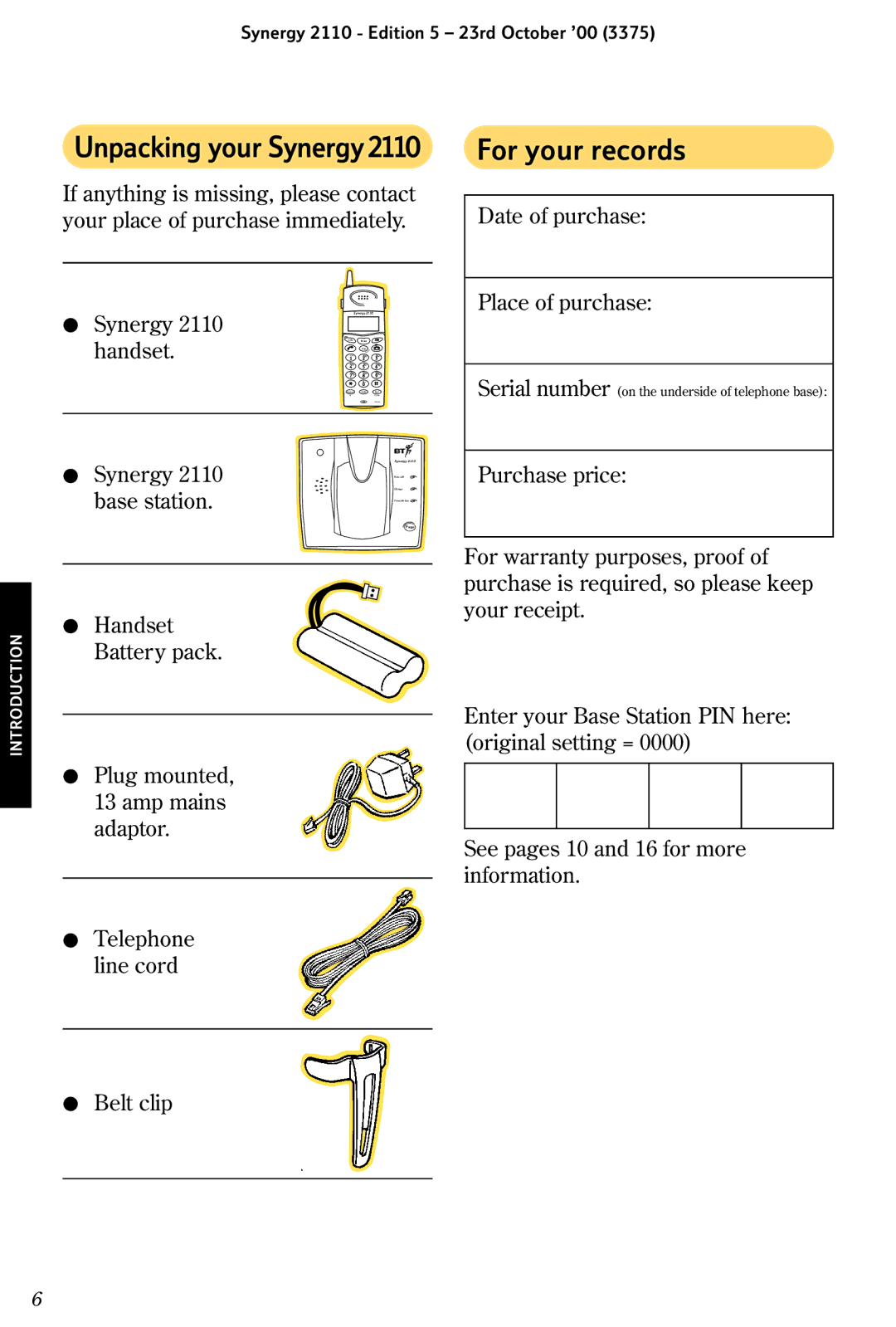 BT manual Unpacking your Synergy2110, For your records 