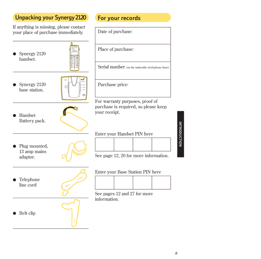 BT manual Unpacking your Synergy2120, For your records 