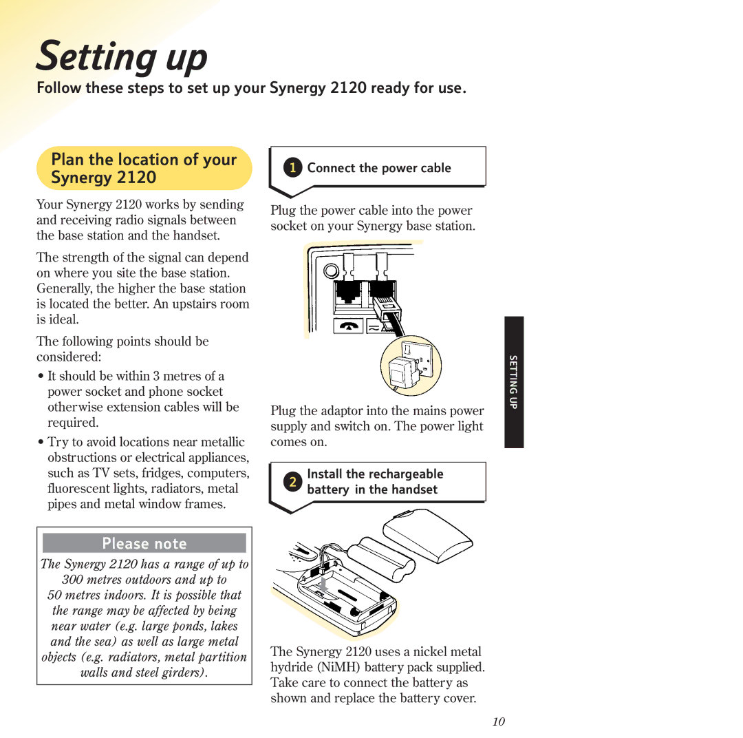 BT 2120 manual Setting up, Plan the location of your Synergy, Connect the power cable 