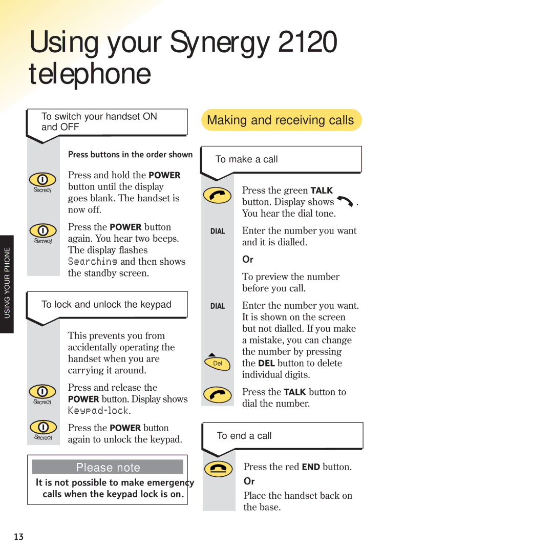 BT manual Using your Synergy 2120 telephone, Making and receiving calls, Keypad-lock 